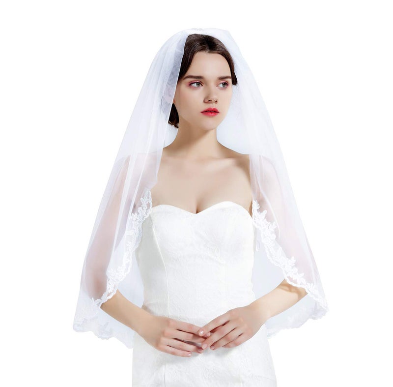 BEAUTELICATE Wedding Bridal Veil with Comb 1 Tier Lace Applique Edge Fingertip Length - Image 1